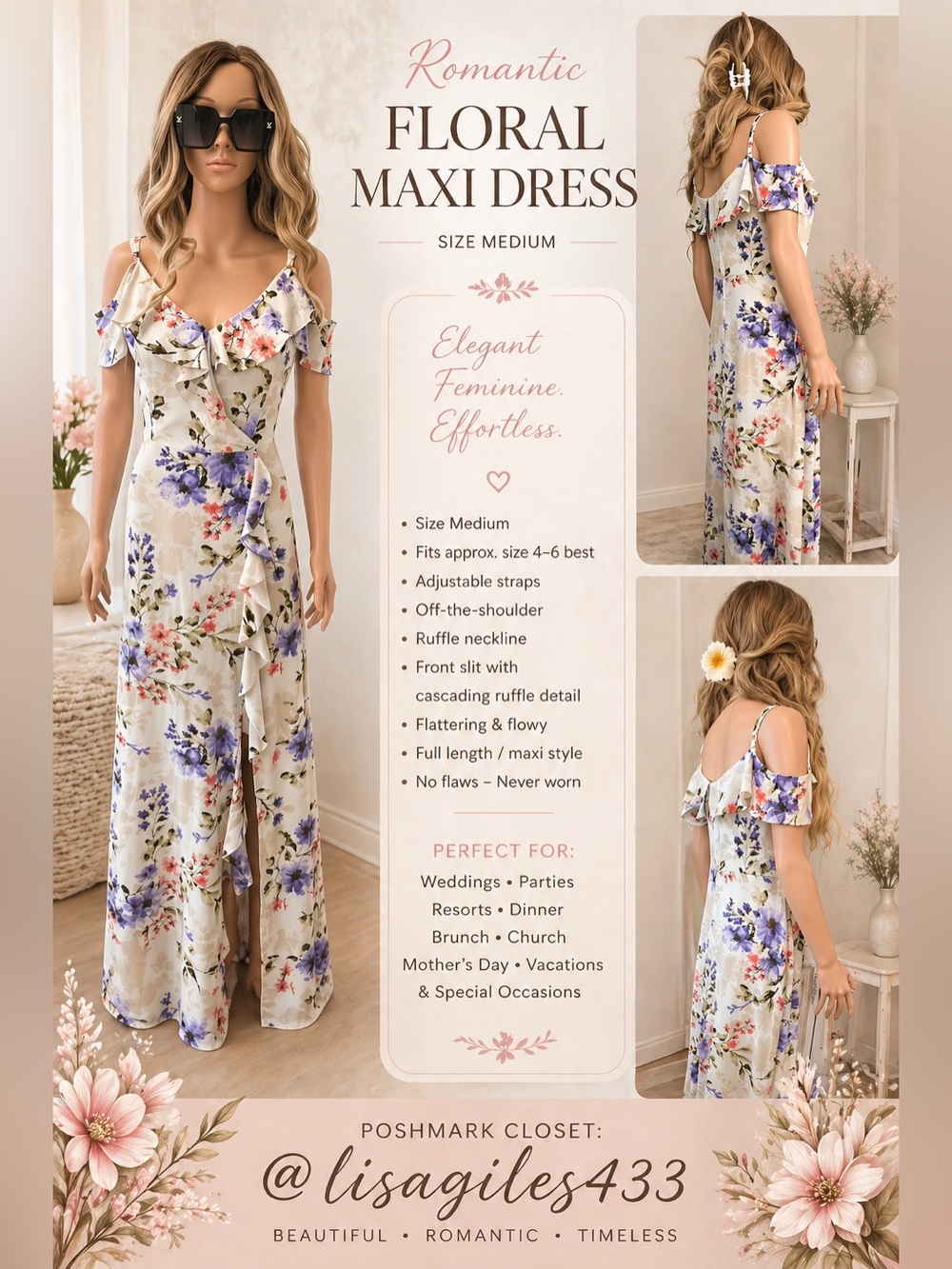 Romantic Floral Maxi Dress in Cream with Purple & Pink Blossoms